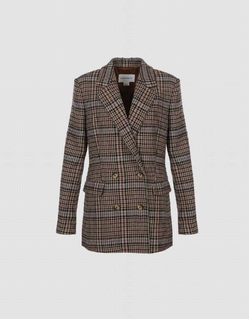 Blazers Urban Revivo Double Breasted Plaid Mujer Marrom | UZO4859FX