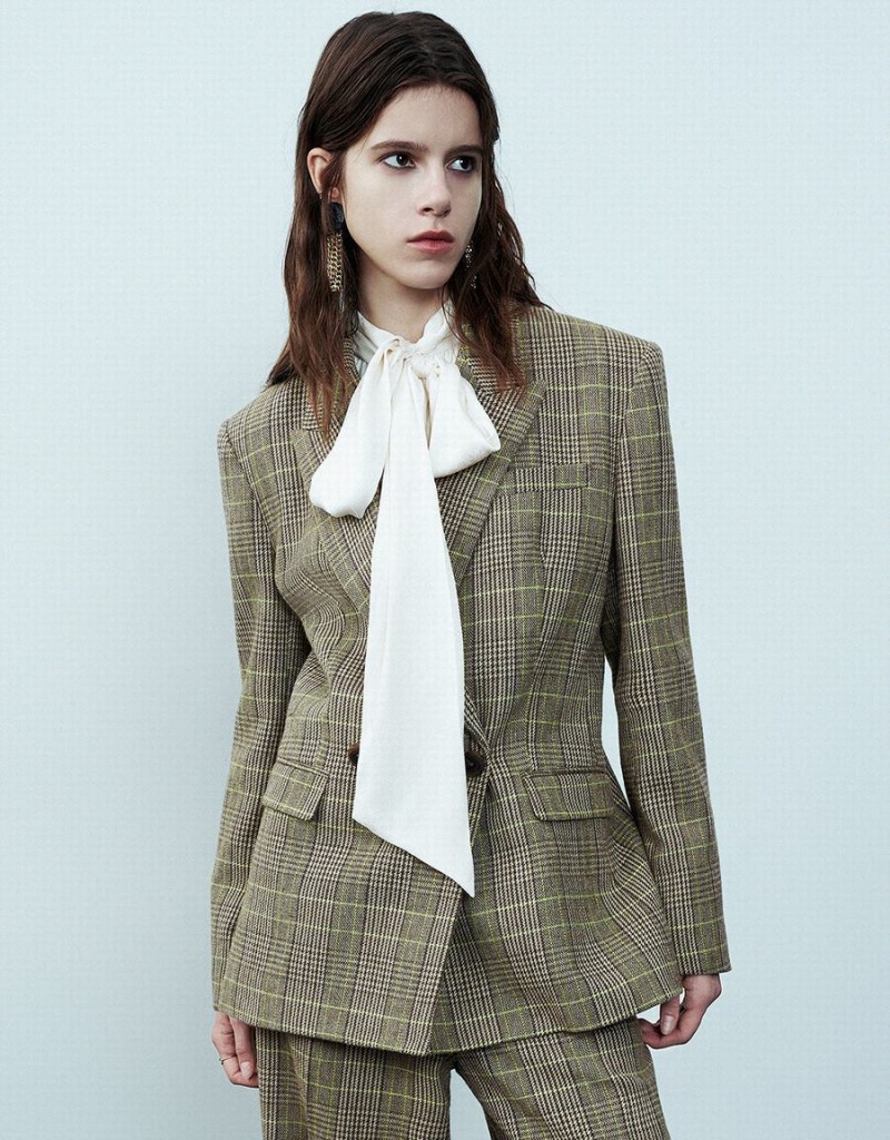 Blazers Urban Revivo Peak Lapel Plaid Mujer Verdes | RMF29100ON