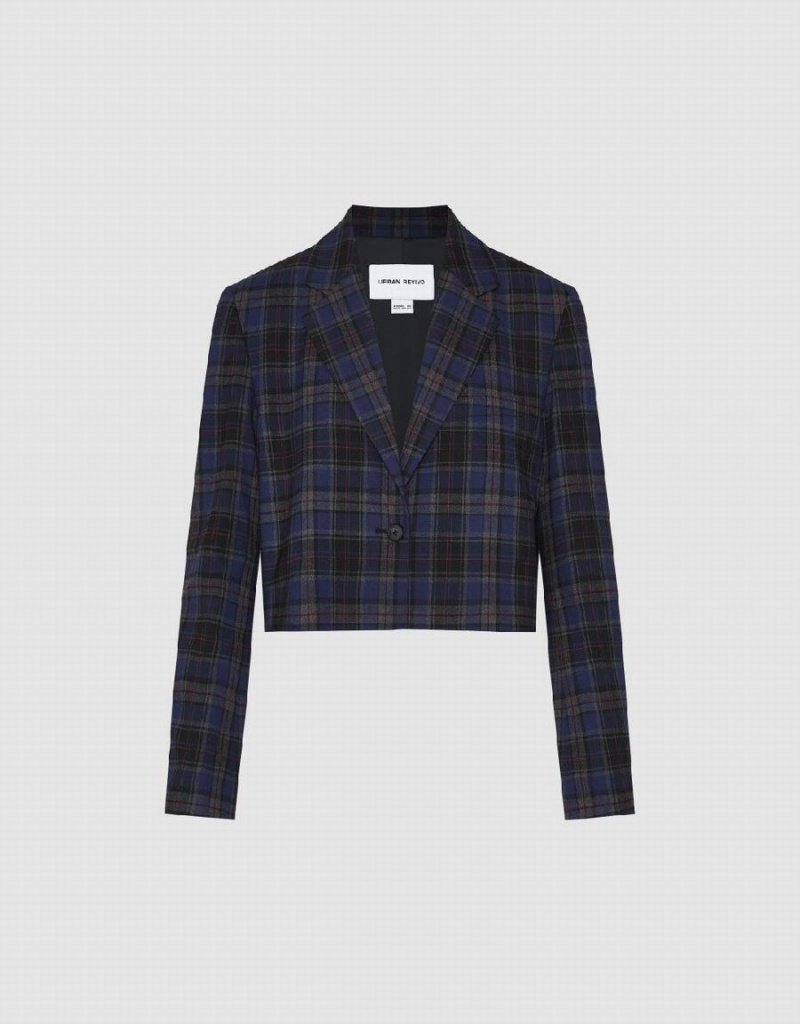 Blazers Urban Revivo Plaid Cropped Checkered Mujer Azules | PAR411SC