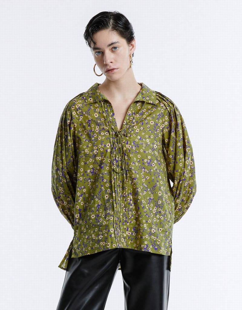 Blusa Urban Revivo Floral Tie Front Mujer Verdes | BFJ6650RL