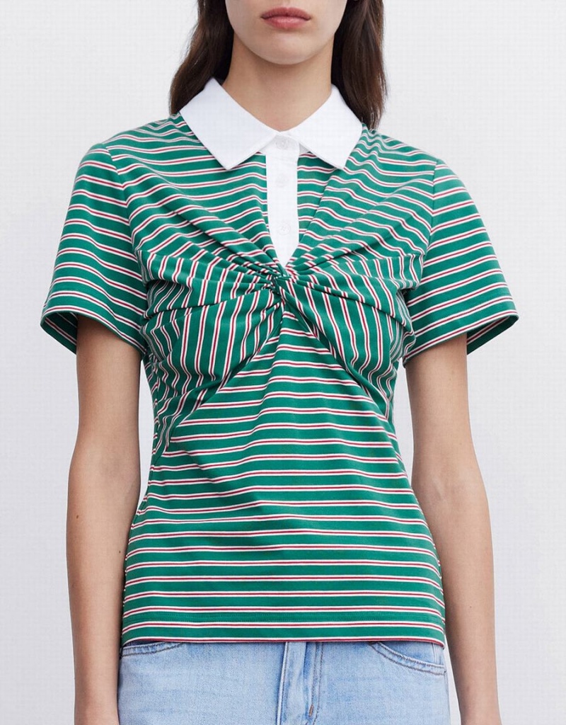 Camisa Polo Urban Revivo Knotted Detail A Rayas Mujer Verdes | RHD2656MB