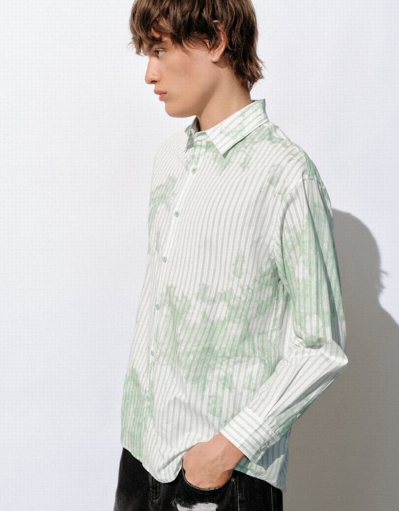 Camisas Urban Revivo A Rayas Button Up Loose Hombre Blancos Verdes | WFN7918DW