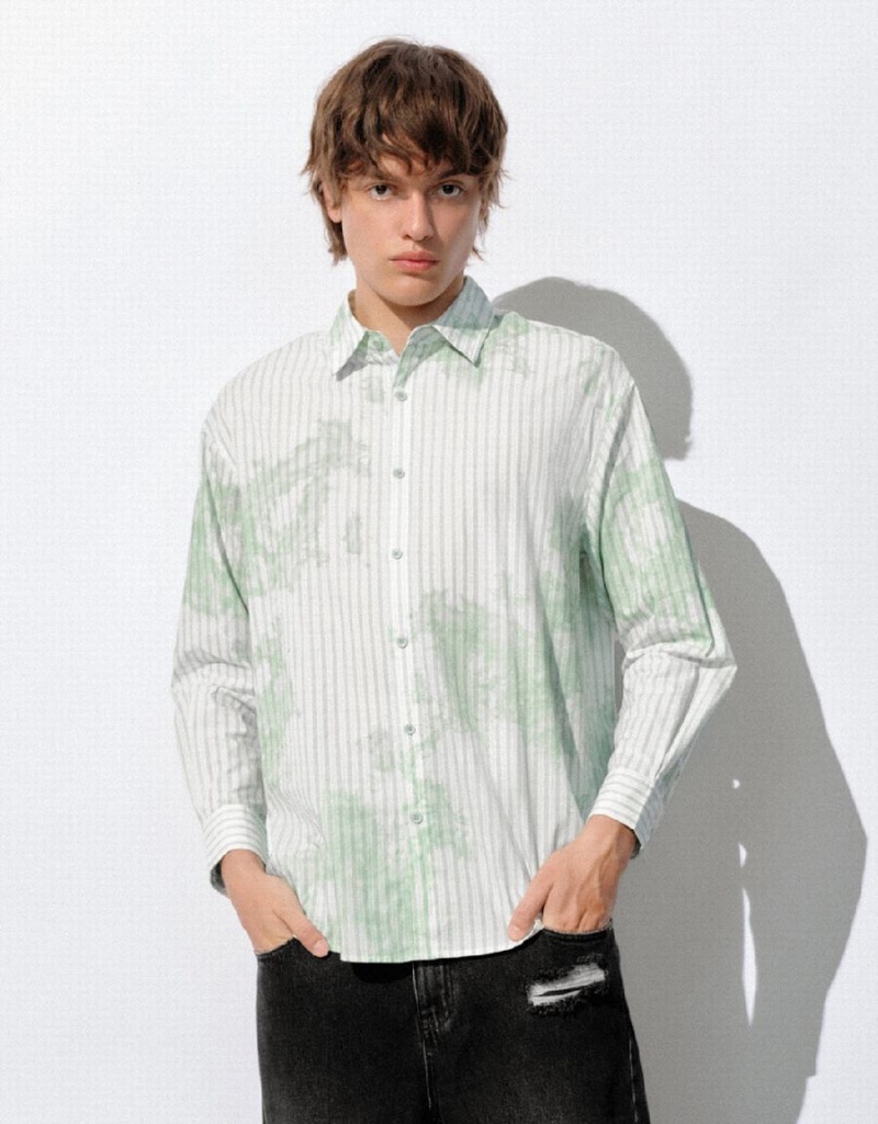 Camisas Urban Revivo A Rayas Button Up Loose Hombre Blancos Verdes | WFN7918DW