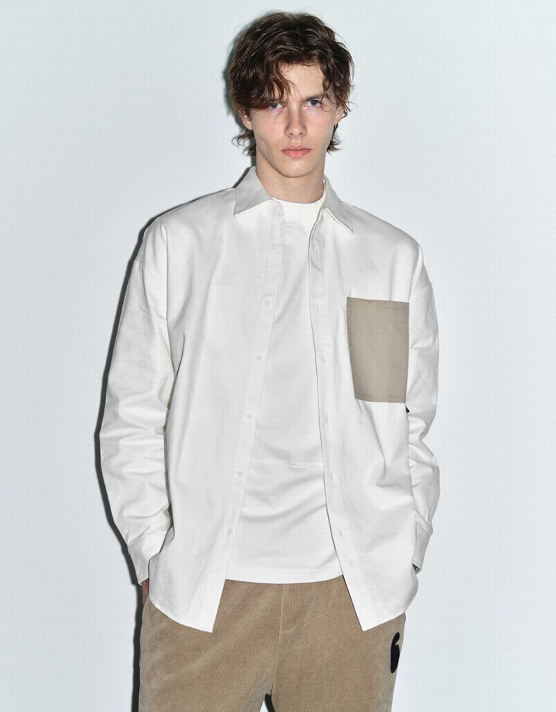 Camisas Urban Revivo Button Up Oversized Hombre Blancos | OOW5536ON