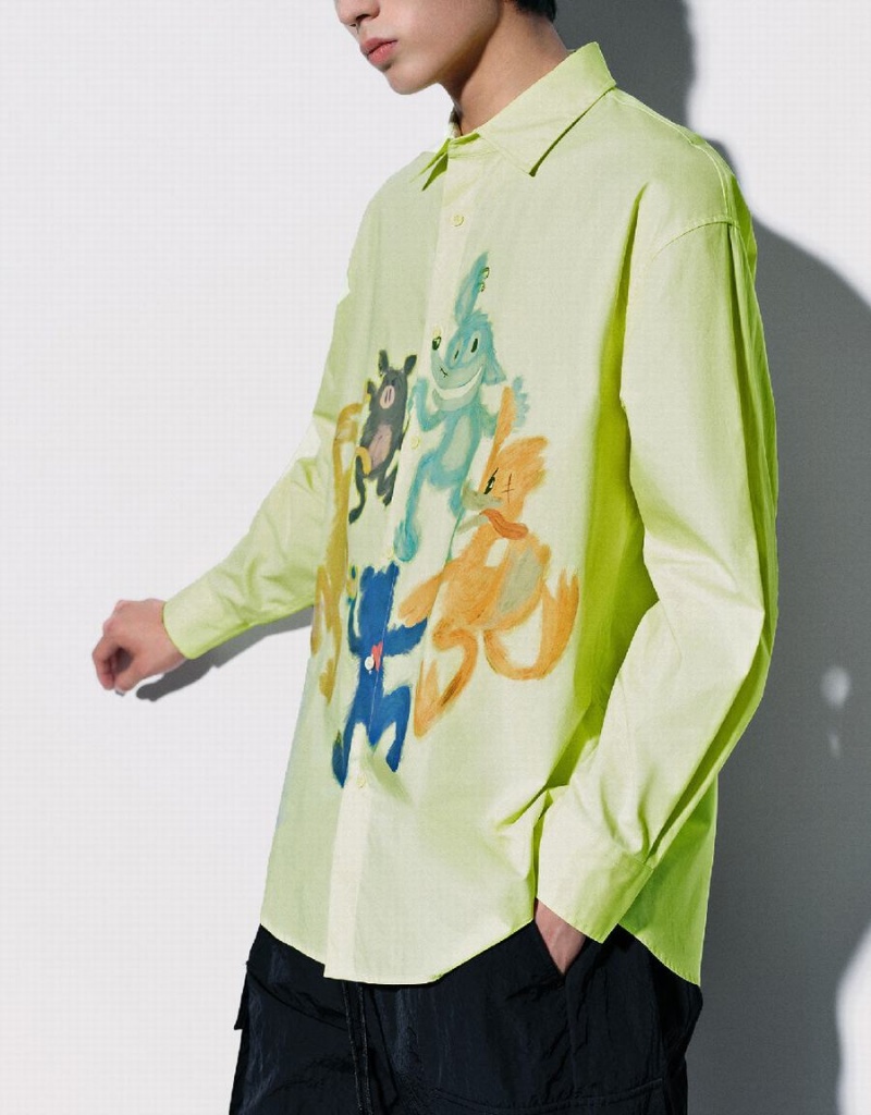 Camisas Urban Revivo Cartoon Printed Oversized Hombre Verdes | DNC1544JF