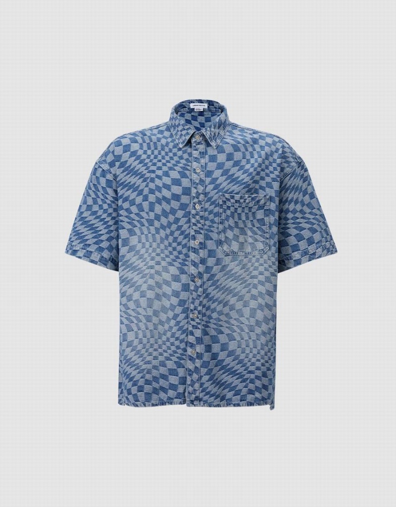 Camisas Urban Revivo Checkered Denim Hombre Azules | TOJ4275AG