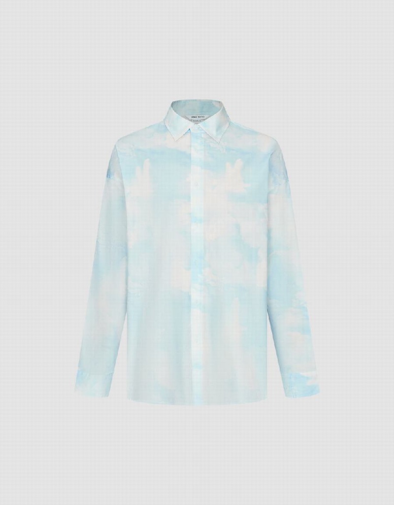 Camisas Urban Revivo Cloud Printed Loose Hombre Blancos Azules | VJY2267ET