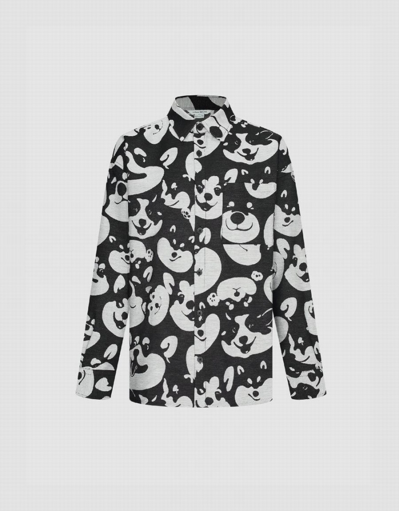 Camisas Urban Revivo Dog Printed Oversized Hombre Negros | AHQ3854DQ