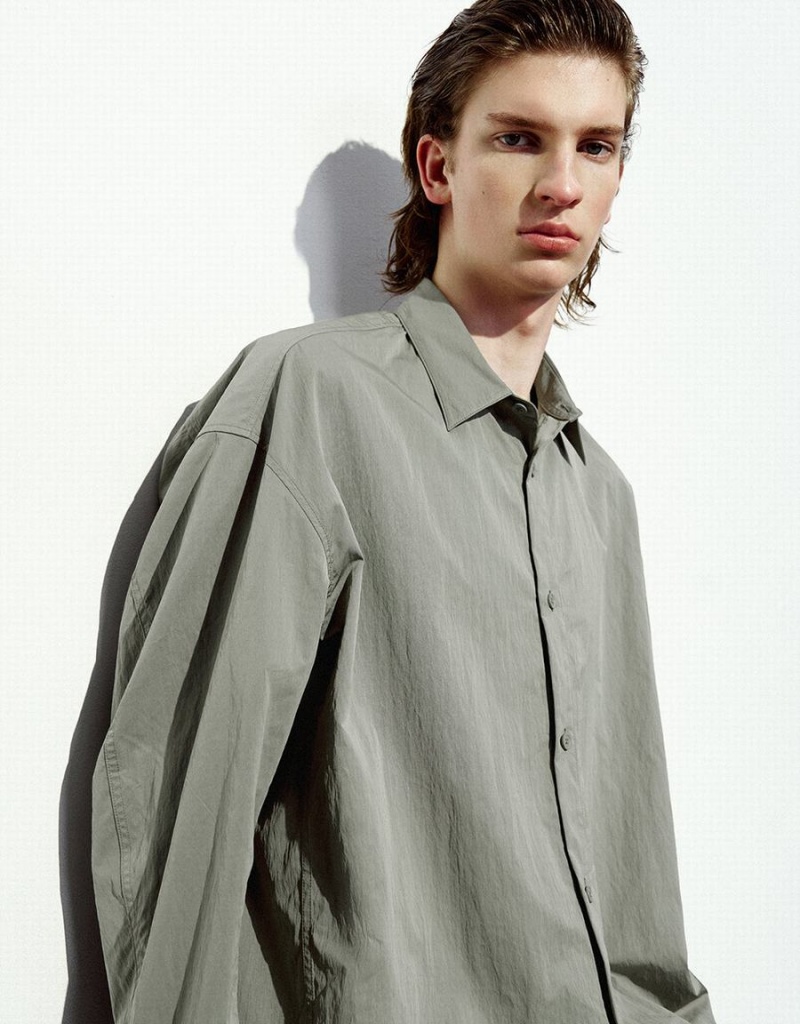 Camisas Urban Revivo Drop Shoulder Sleeve Oversized Hombre Verdes | XUO6125XS