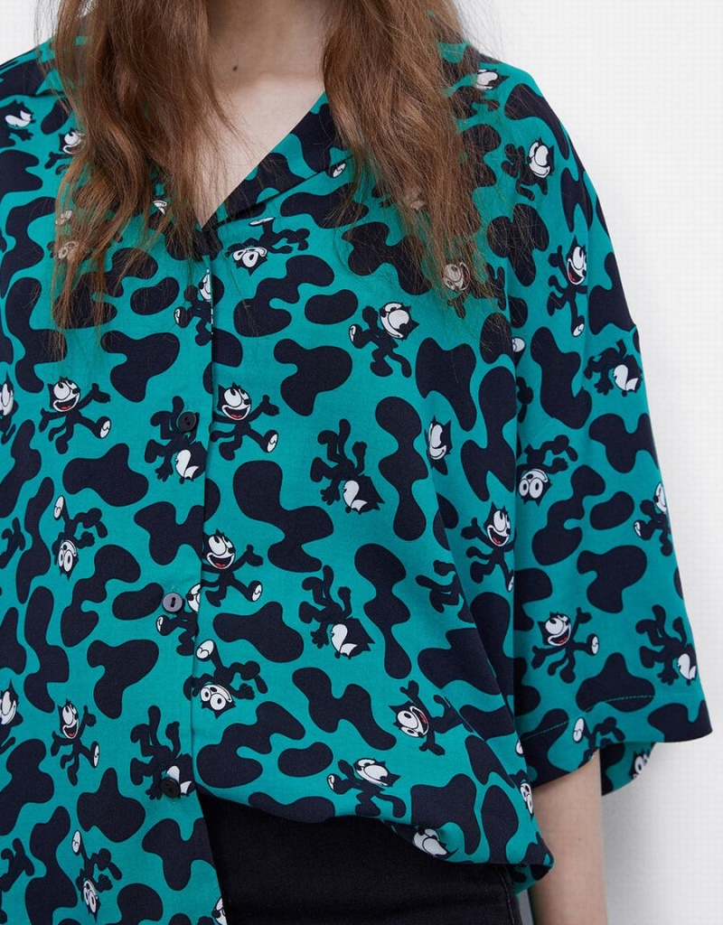 Camisas Urban Revivo Felix The Cat Allover Print Mujer Verdes | PFQ8710FC