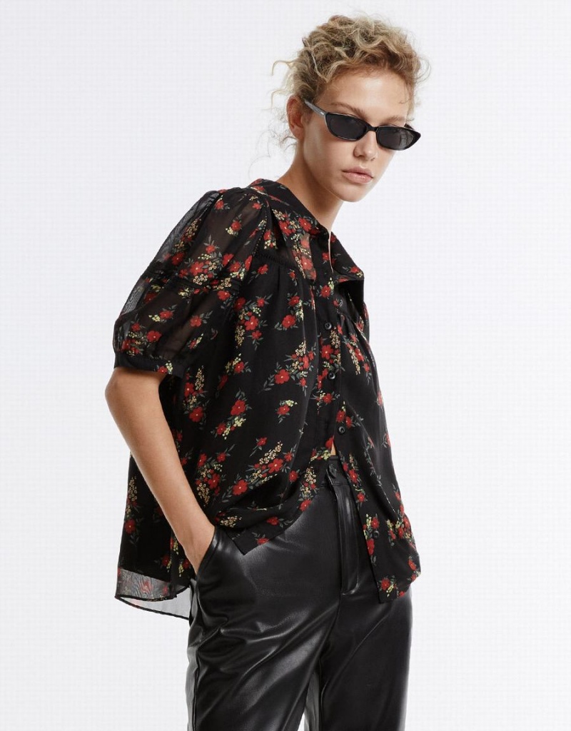 Camisas Urban Revivo Floral Button Up Mujer Negros Rojos | VPS6068PI