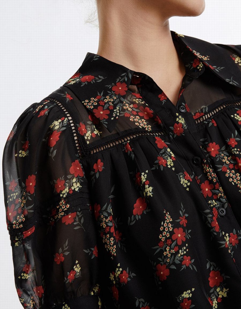 Camisas Urban Revivo Floral Button Up Mujer Negros Rojos | VPS6068PI