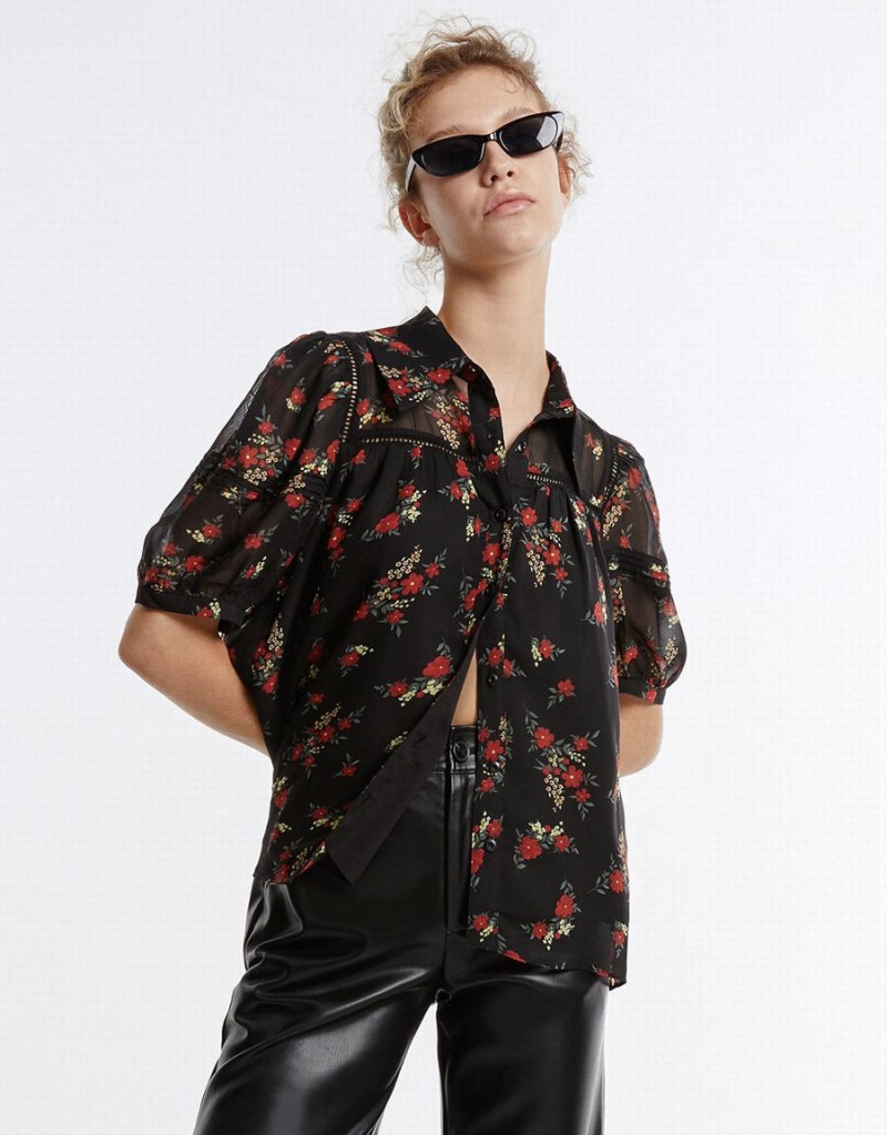 Camisas Urban Revivo Floral Button Up Mujer Negros Rojos | VPS6068PI