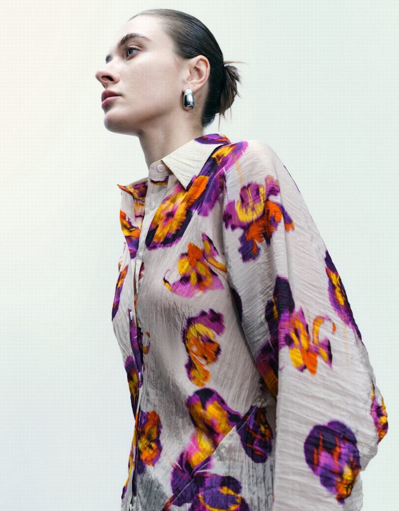 Camisas Urban Revivo Flower Printed Button Up Mujer Morados | HWT8836LX