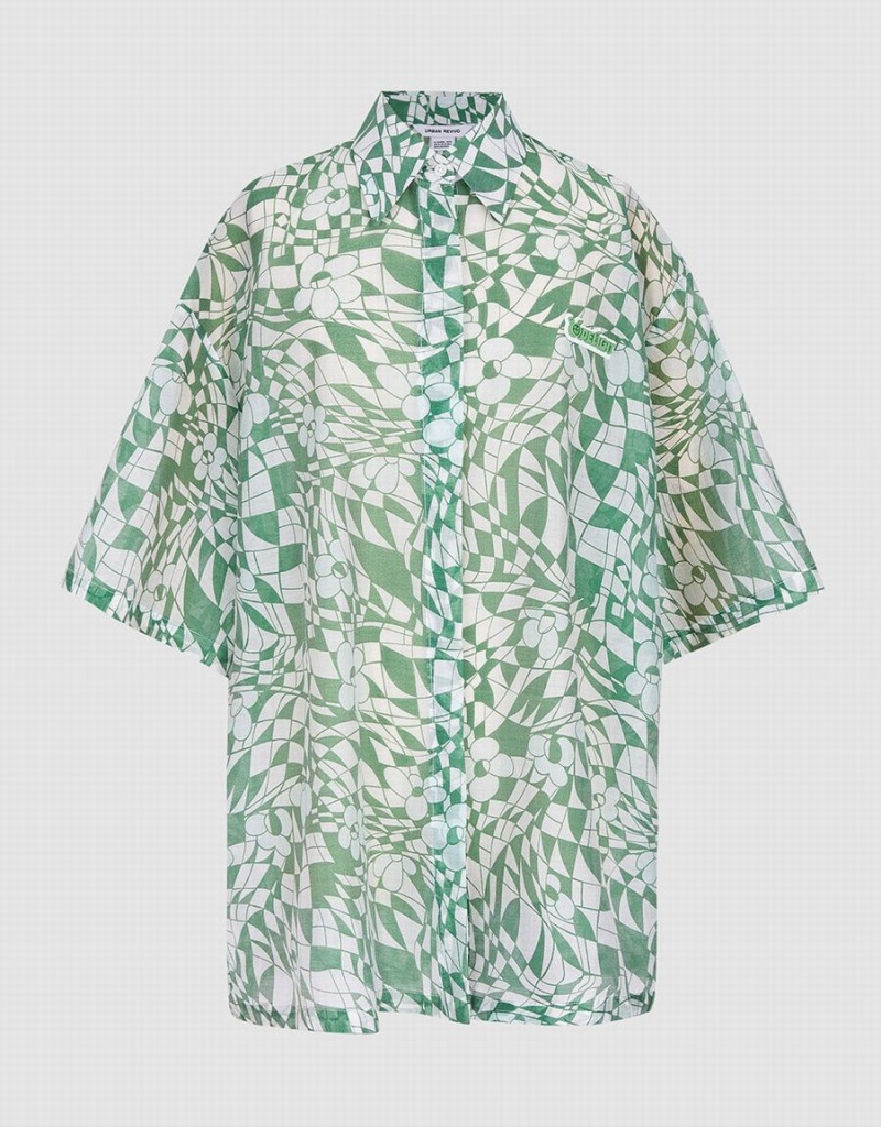 Camisas Urban Revivo Geometric Print Corta Sleeve Mujer Verdes | LEI8161AG