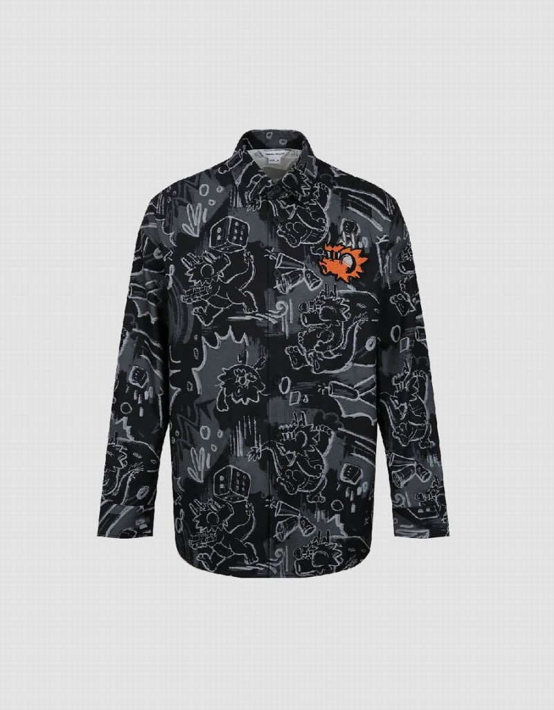 Camisas Urban Revivo Graffiti Printed Button Up Loose Hombre Negros | FOZ1951OU