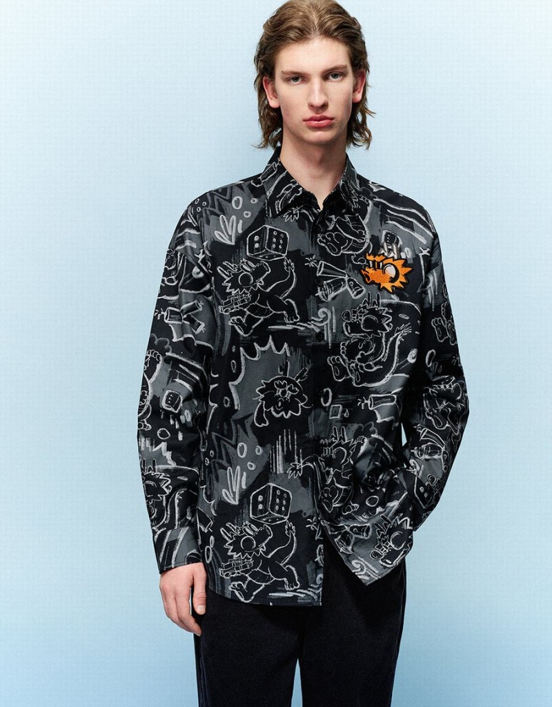 Camisas Urban Revivo Graffiti Printed Button Up Loose Hombre Negros | FOZ1951OU