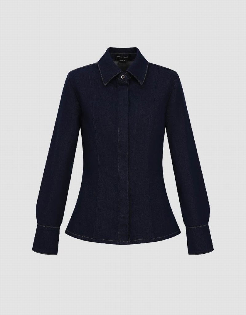 Camisas Urban Revivo Lapel Denim Mujer Azules | PNC8291ZZ