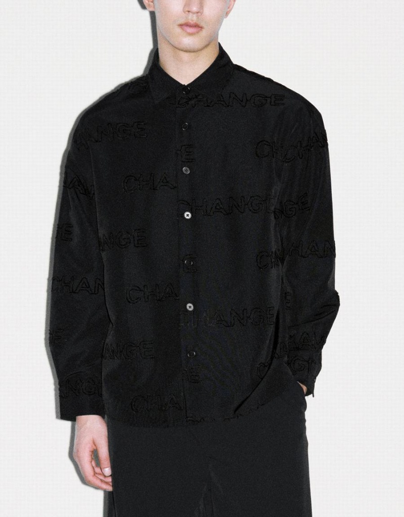 Camisas Urban Revivo Letter Printed Button Up Oversized Hombre Negros | GID319JW