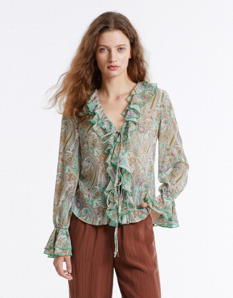 Camisas Urban Revivo Paisley Print Ruffled Mujer Verdes | KLE1135IC