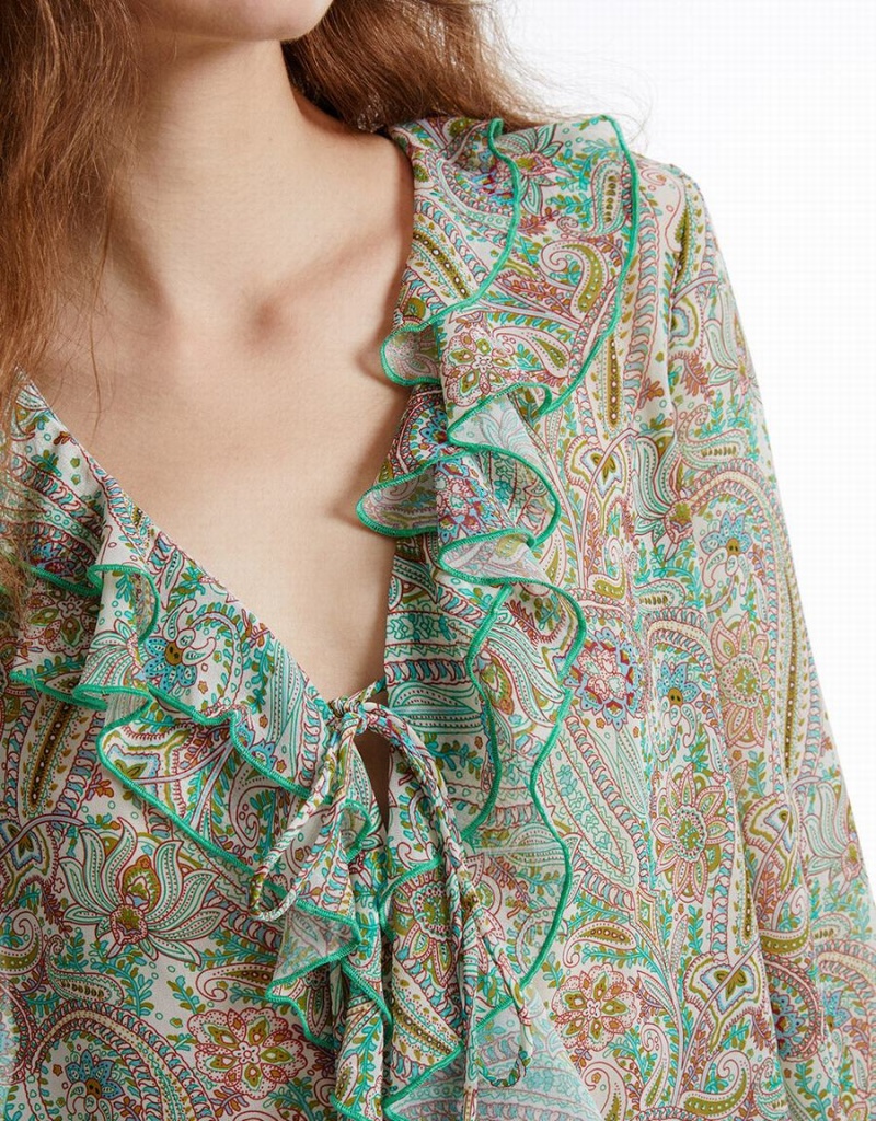 Camisas Urban Revivo Paisley Print Ruffled Mujer Verdes | KLE1135IC