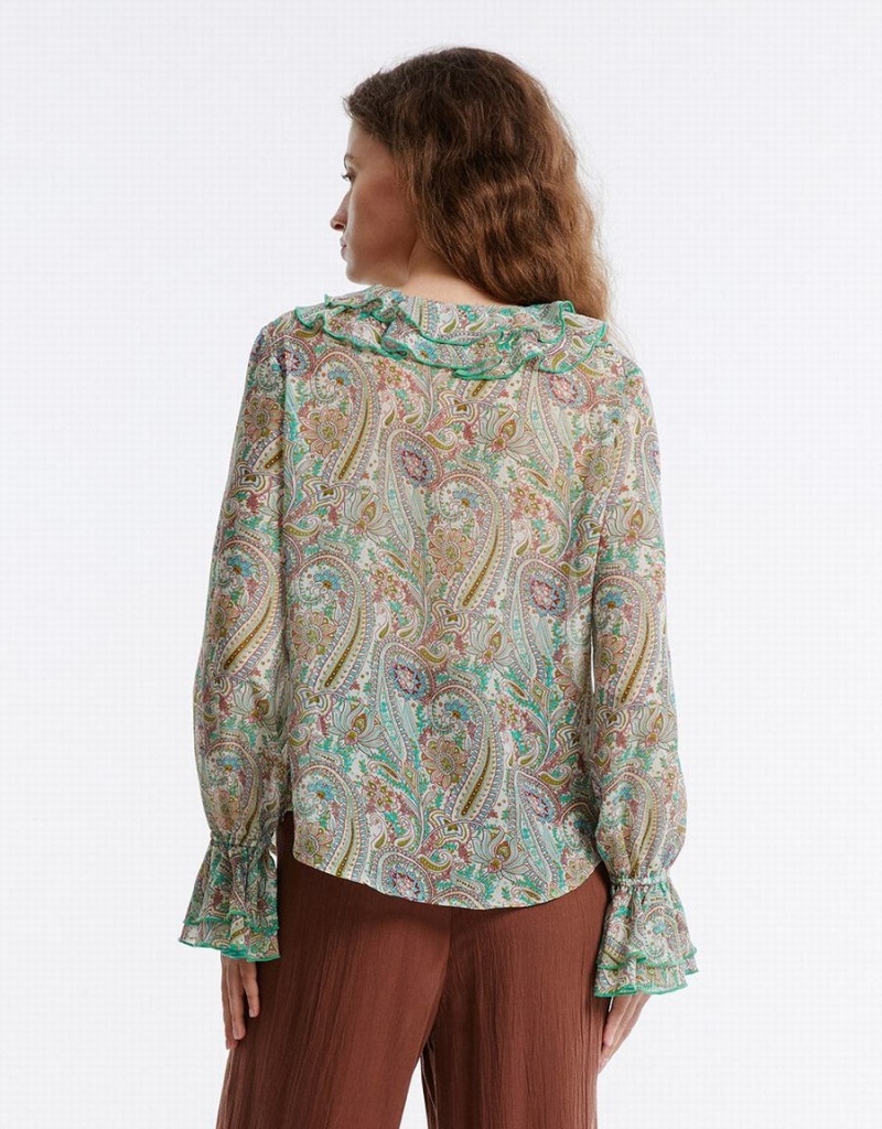 Camisas Urban Revivo Paisley Print Ruffled Mujer Verdes | KLE1135IC