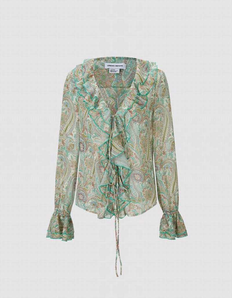 Camisas Urban Revivo Paisley Print Ruffled Mujer Verdes | KLE1135IC