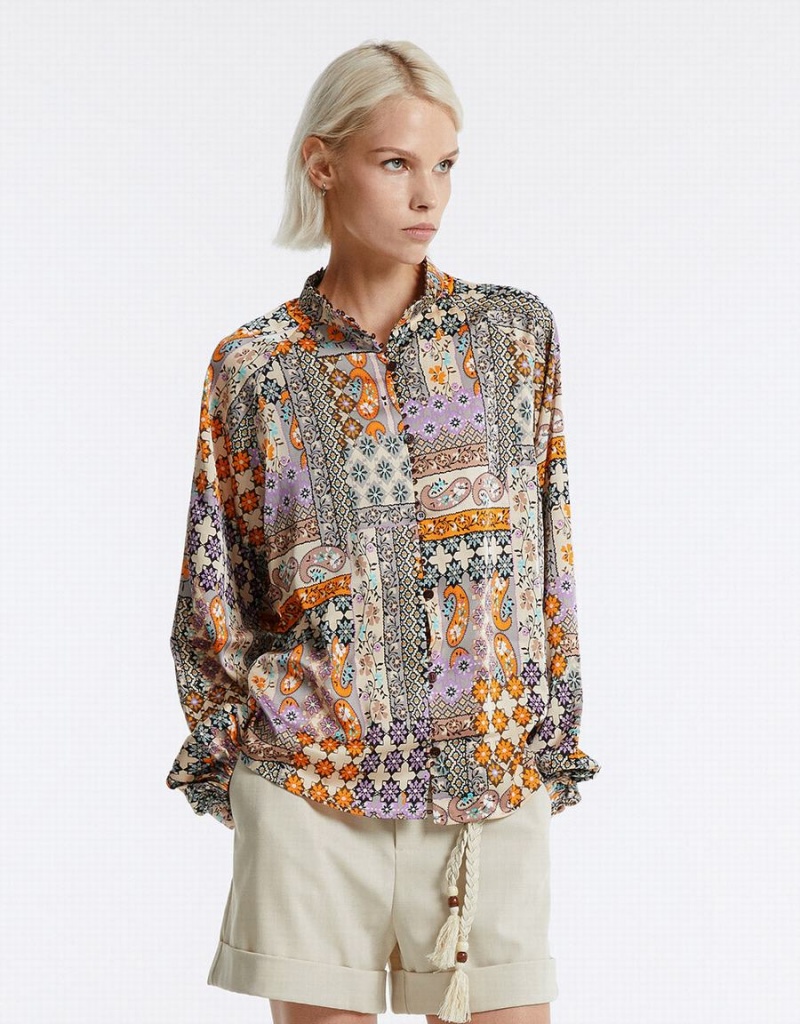 Camisas Urban Revivo Patchwork Print Satin Mujer Multicolor | YBF146XV