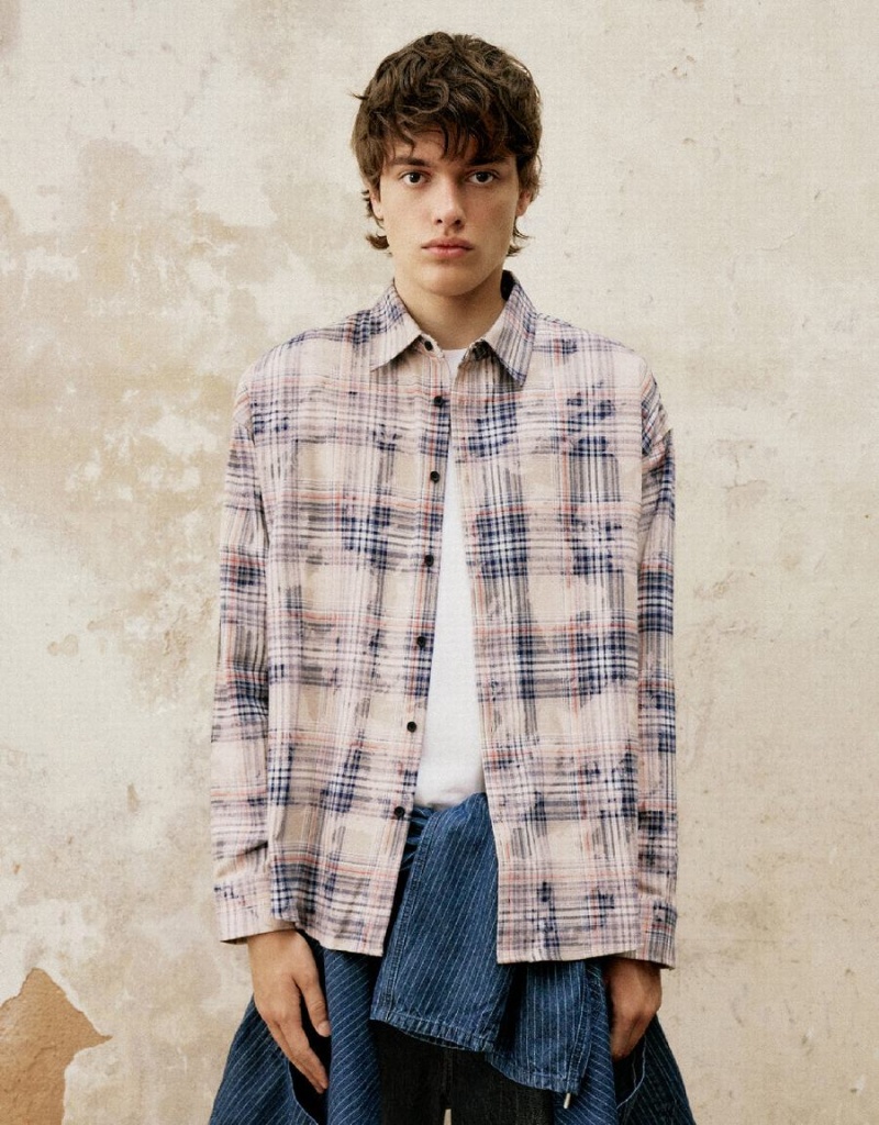 Camisas Urban Revivo Plaid Oversized Hombre Kaki | CFA8691WB