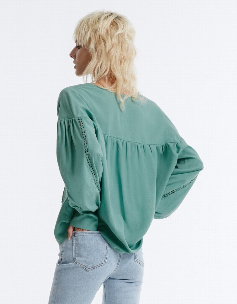 Camisas Urban Revivo Pointelle Buttoned Mujer Verdes | ORZ2313ZD