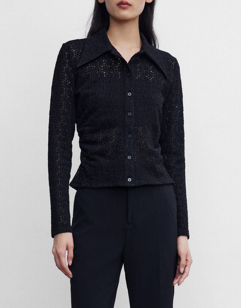 Camisas Urban Revivo Ruched Button Up Fitted Mujer Negros | INQ444GB