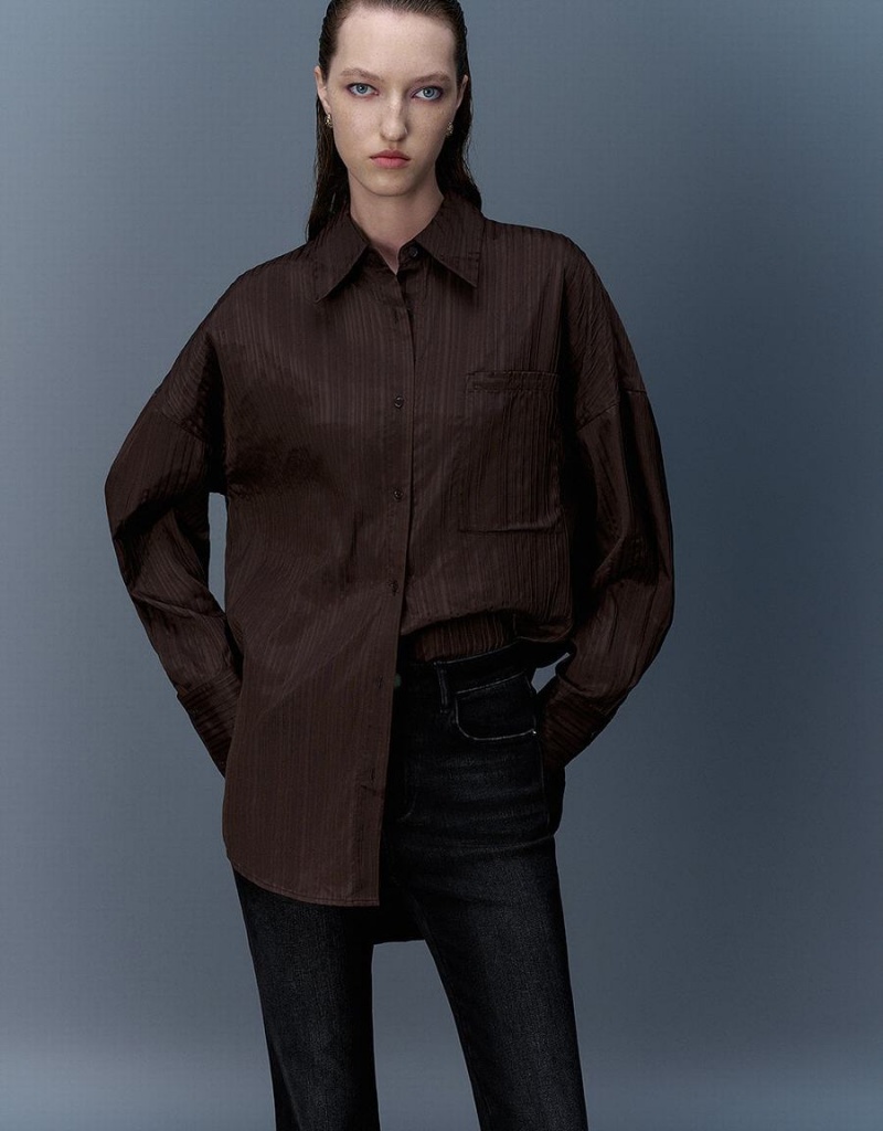 Camisas Urban Revivo Textured Button Up Oversized Mujer Marrom Oscuro | DHY8484JT