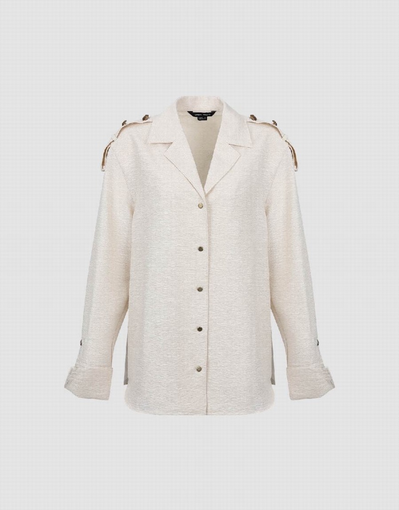 Camisas Urban Revivo Textured Lapel Directo Mujer Blancos | NBN6543FR