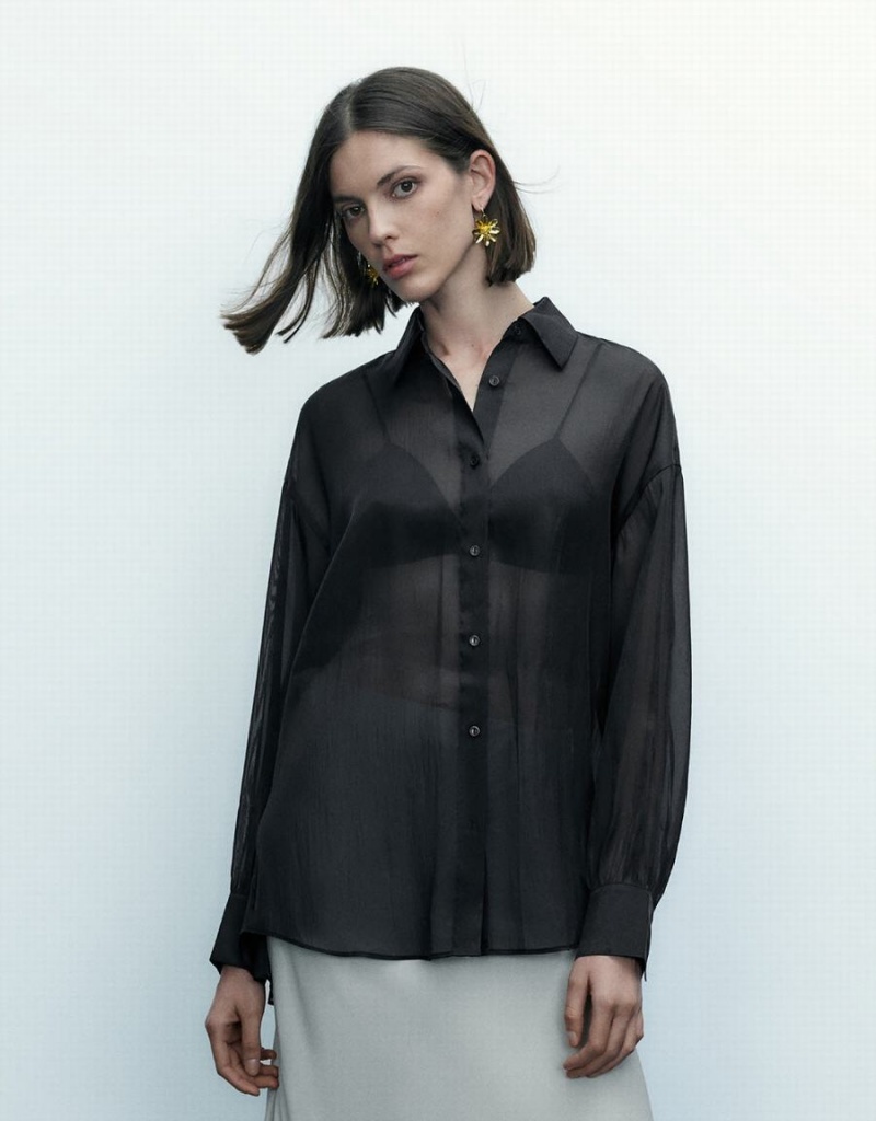 Camisas Urban Revivo Thin Button Up Loose Mujer Negros | AQT1645JK