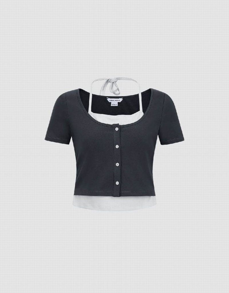 Camiseta Urban Revivo 2 In 1 Halter Neck De Punto Mujer Grises | FWX495GN