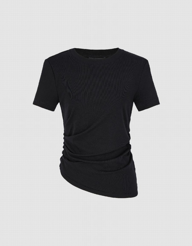 Camiseta Urban Revivo Asymmetric Ruched Mujer Negros | YTS2575JK