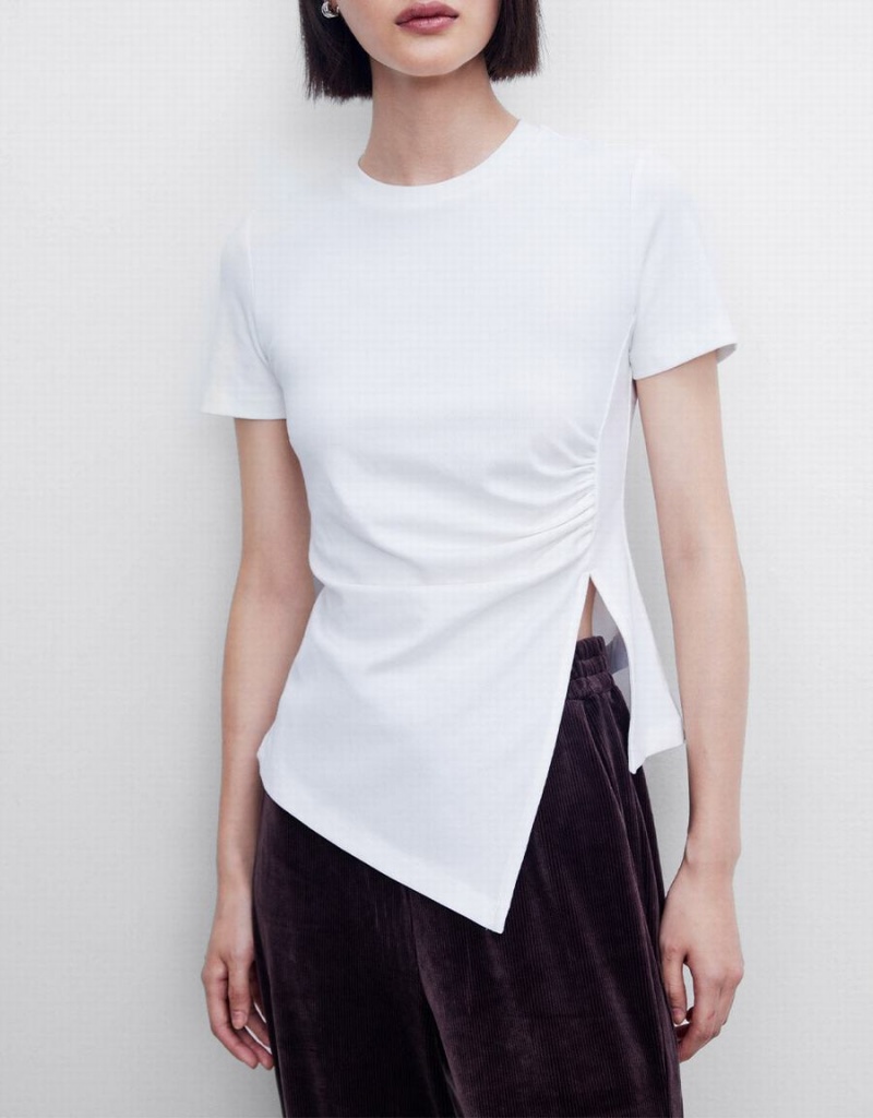 Camiseta Urban Revivo Asymmetrical Hem Mujer Blancos | YJI1484FC