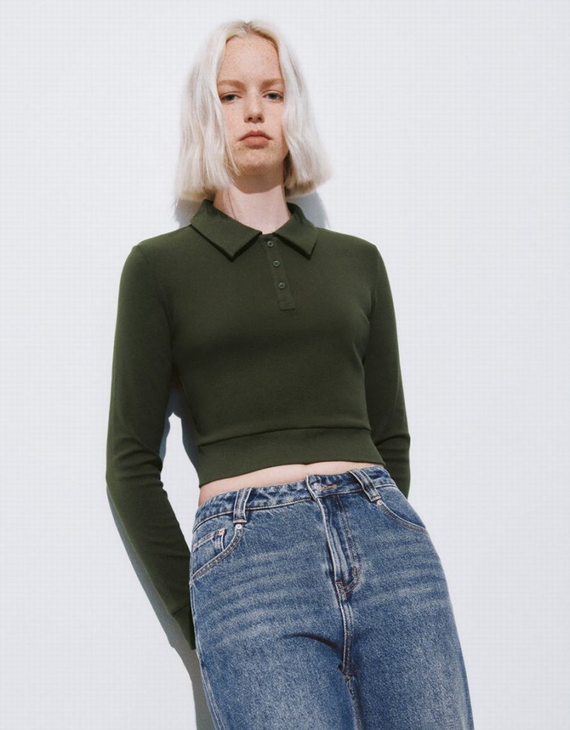 Camiseta Urban Revivo Button Half Placket Cropped De Punto Mujer Verdes | MPV1825VB