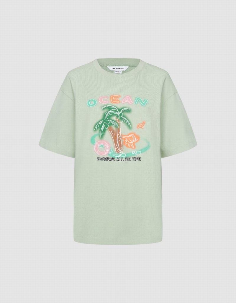 Camiseta Urban Revivo Coconut Tree Printed Crew Neck Mujer Verdes | DVO8032FI