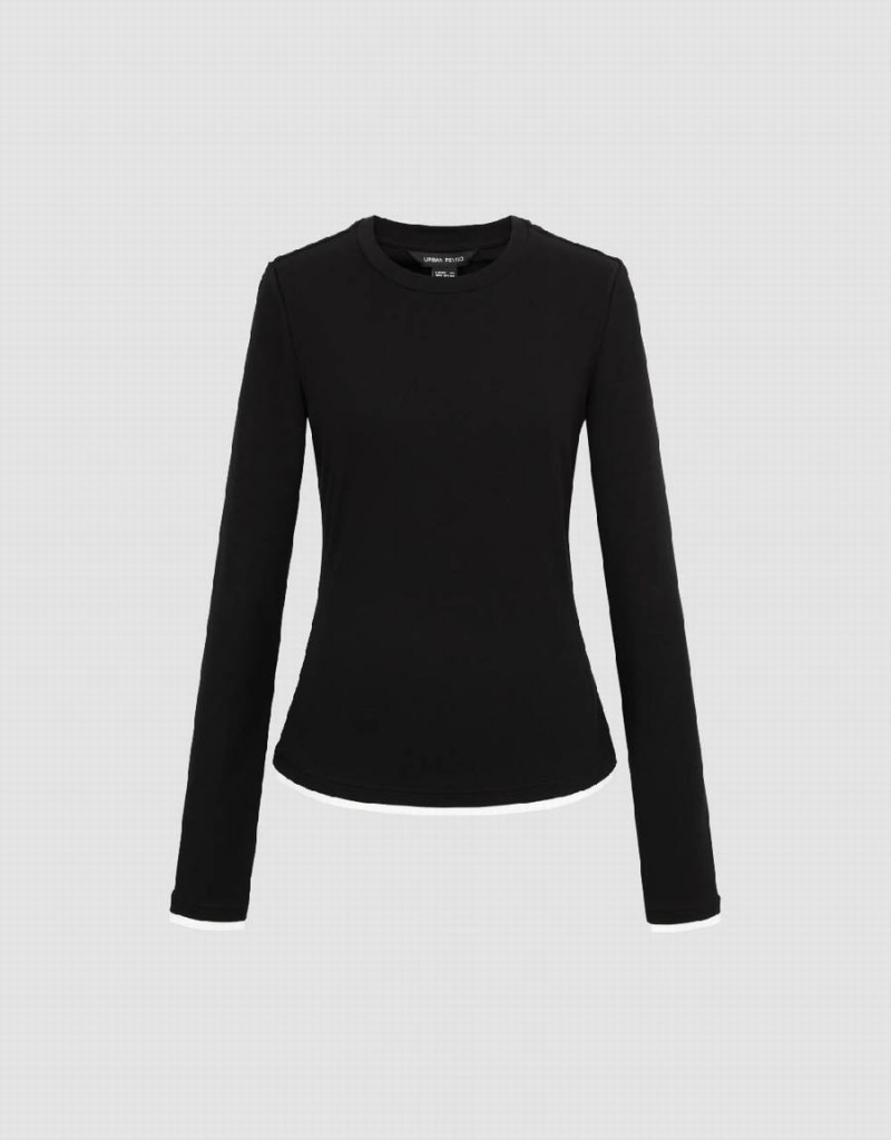 Camiseta Urban Revivo Crew Neck De Punto Flaco Mujer Negros | WTU1914OI