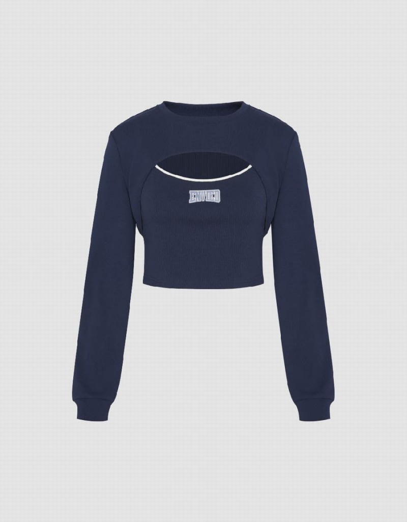 Camiseta Urban Revivo Cut-Out Crew Neck De Punto Mujer Azules | DDO1237ME