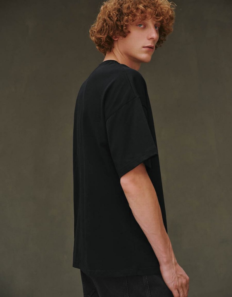 Camiseta Urban Revivo Drop Shoulder Sleeve Crew Neck Hombre Negros | EBA1994IZ