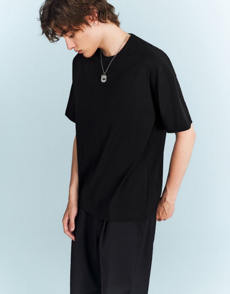 Camiseta Urban Revivo Drop Shoulder Sleeve Crew Neck Hombre Negros | ZMV1561ZM