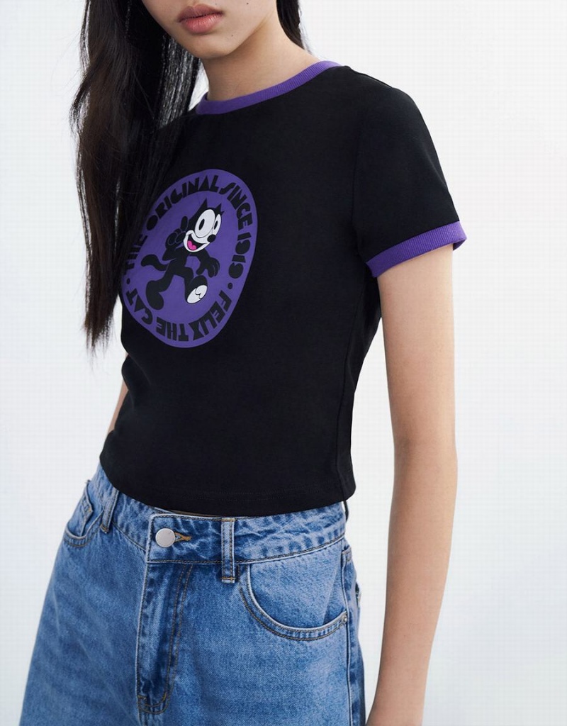 Camiseta Urban Revivo Felix The Cat Mujer Negros | OGC821FK