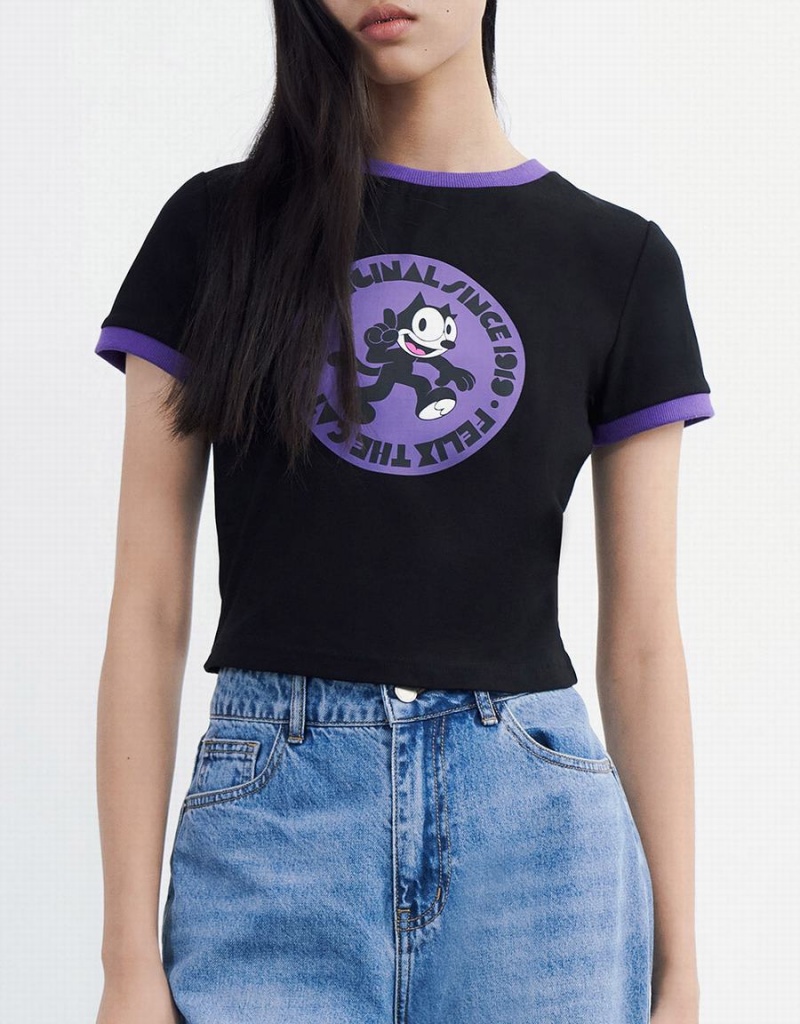 Camiseta Urban Revivo Felix The Cat Mujer Negros | OGC821FK