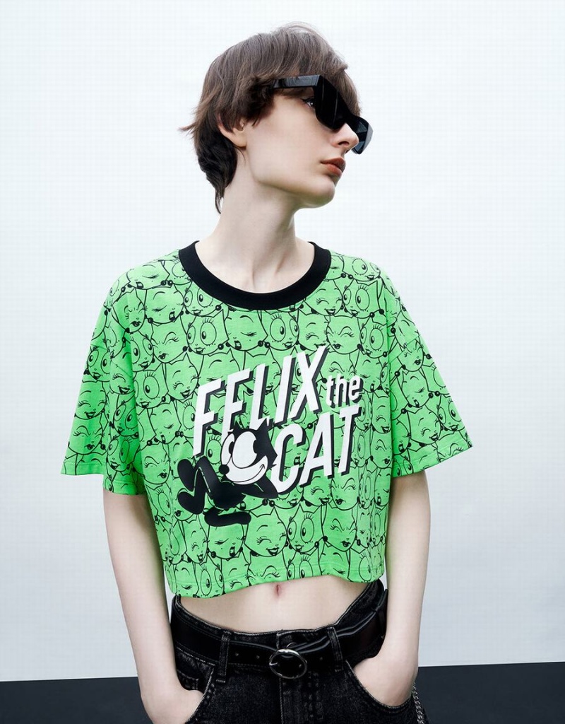 Camiseta Urban Revivo Felix The Cat Printed Crew Neck Mujer Verdes | NNI651MU