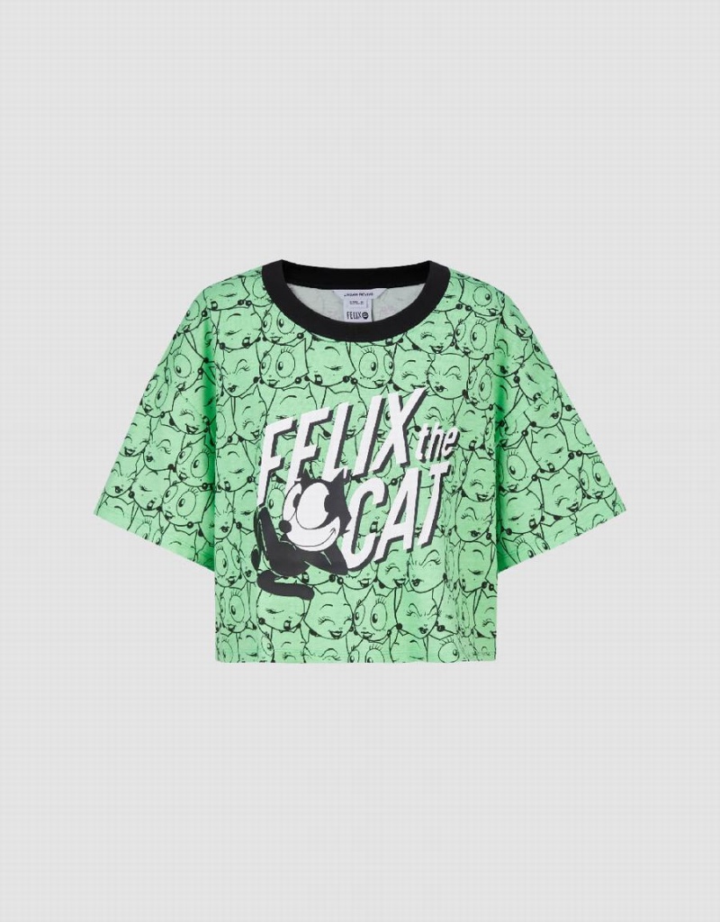 Camiseta Urban Revivo Felix The Cat Printed Crew Neck Mujer Verdes | NNI651MU