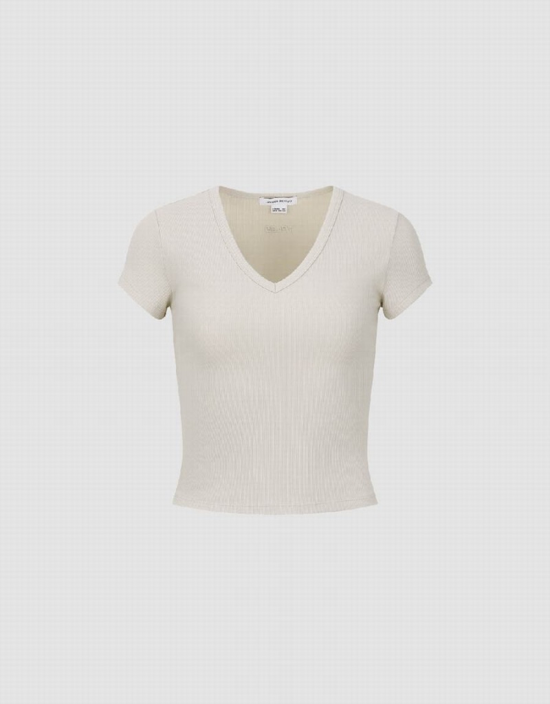 Camiseta Urban Revivo Flaco V-Neck De Punto Mujer Kaki | MUY5072RN