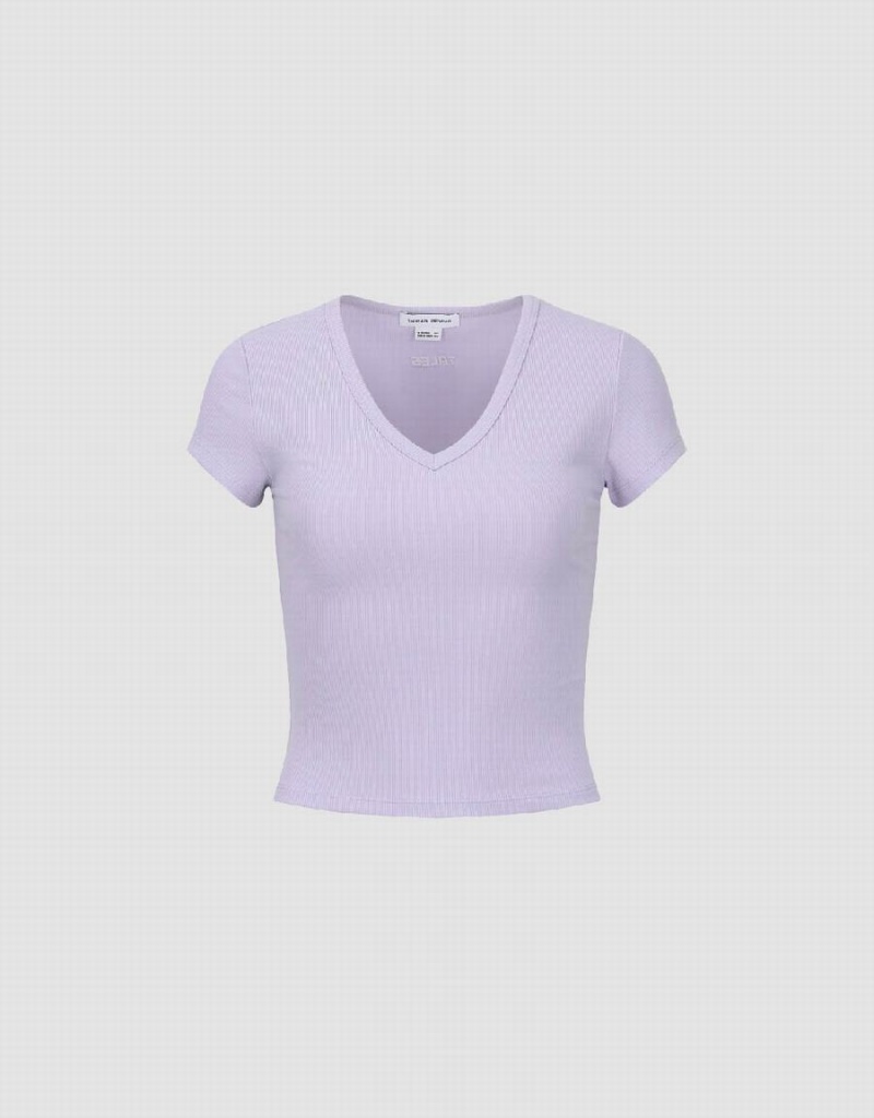 Camiseta Urban Revivo Flaco V-Neck De Punto Mujer Morados | ZHU369ON