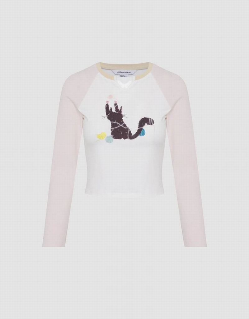 Camiseta Urban Revivo Kitty Printed Raglan Sleeve Flaco Mujer Blancos | GTS9755ZM